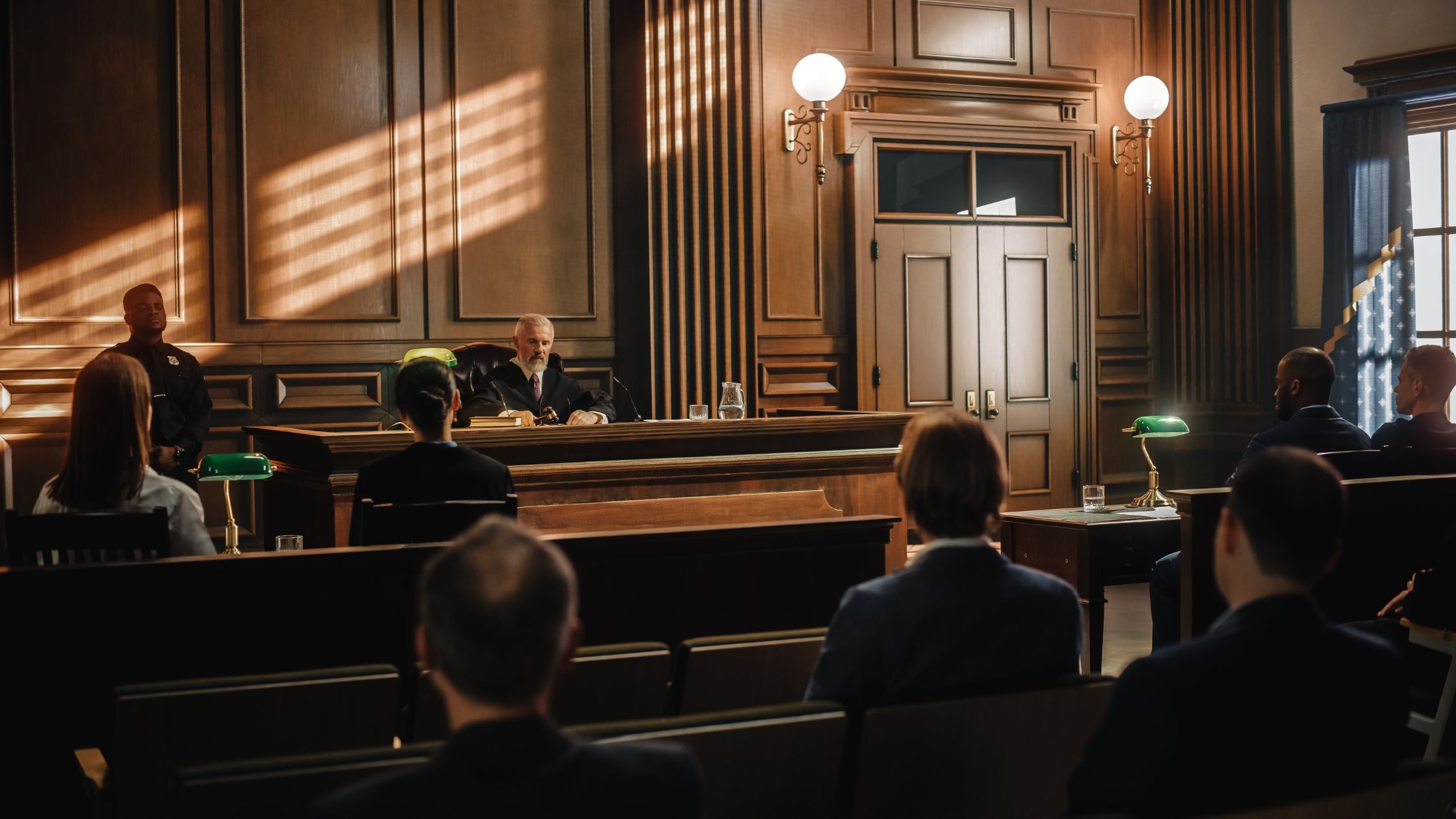 People attending a court session with a judge presiding, highlighting the legal process in Texas. Who pays personal injury court judgments in Texas?